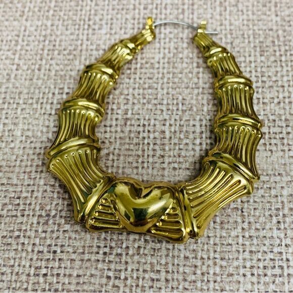 Gold Hollow Large Bamboo Heart Hoop Earrings - Picture 2 of 2